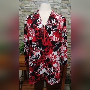 Womens XL Red‎ Black White Floral Blouse Business Casual Shabby Chic